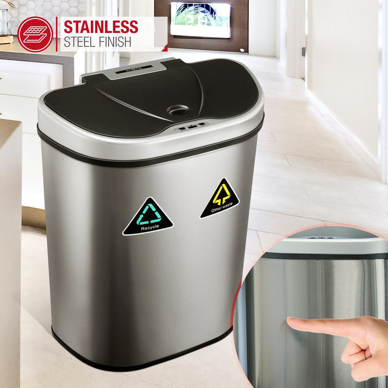 70 Litre Recycle Dual Compartment Recycle Sensor Bin - 70L Stainless Steel