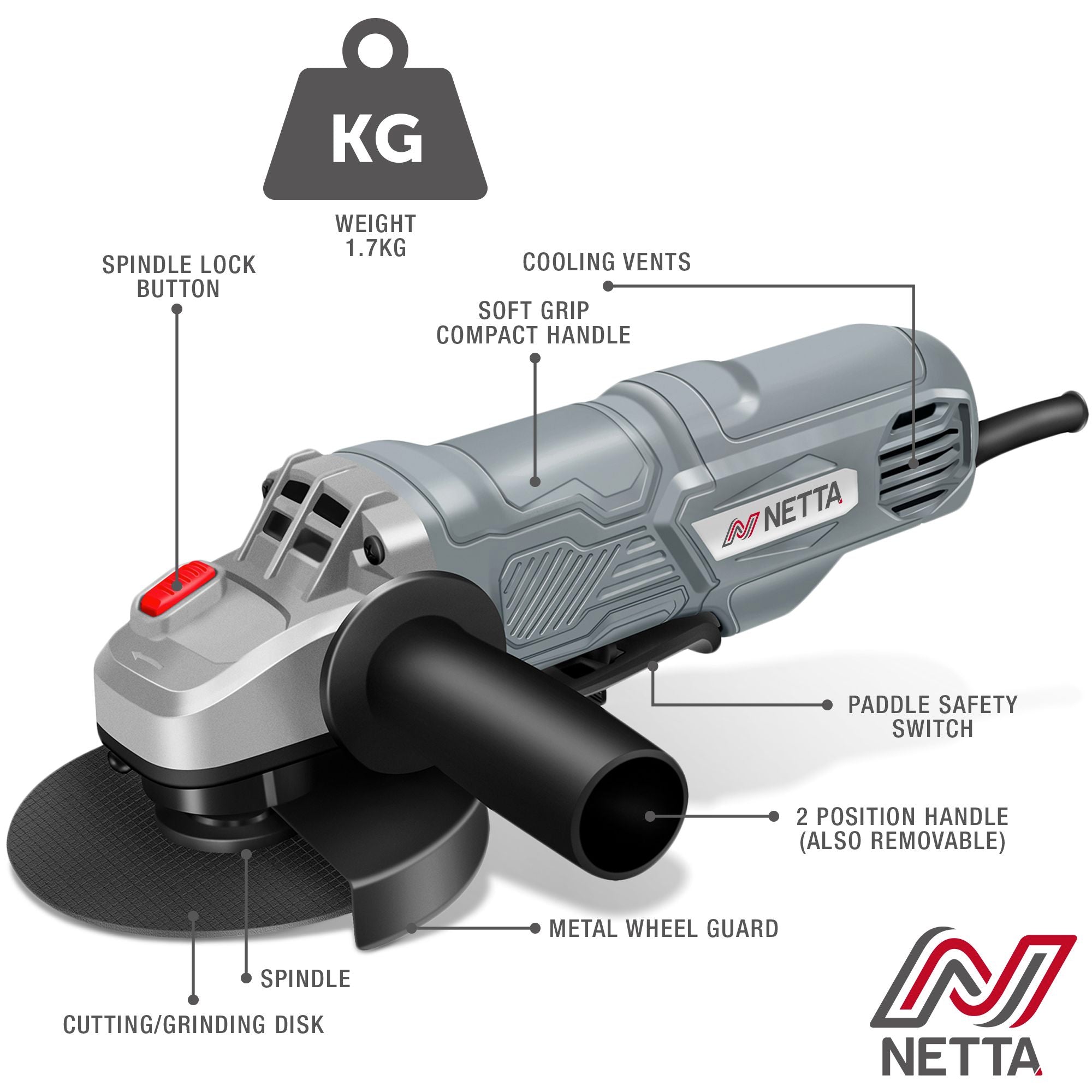 NETTA 710W 115mm Angle Grinder with Side Handle