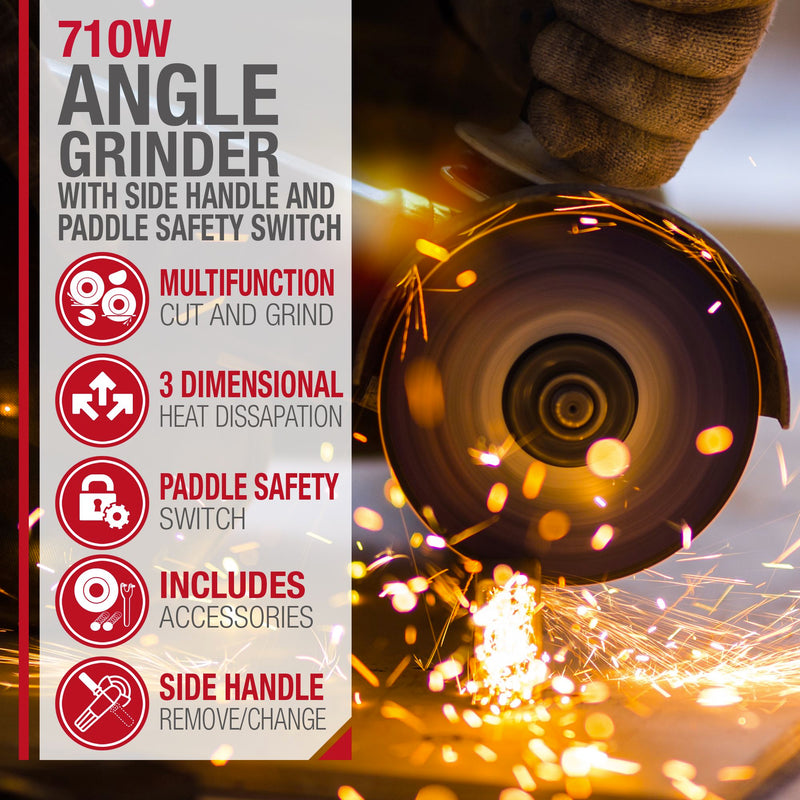 710W 115mm Angle Grinder with Side Handle