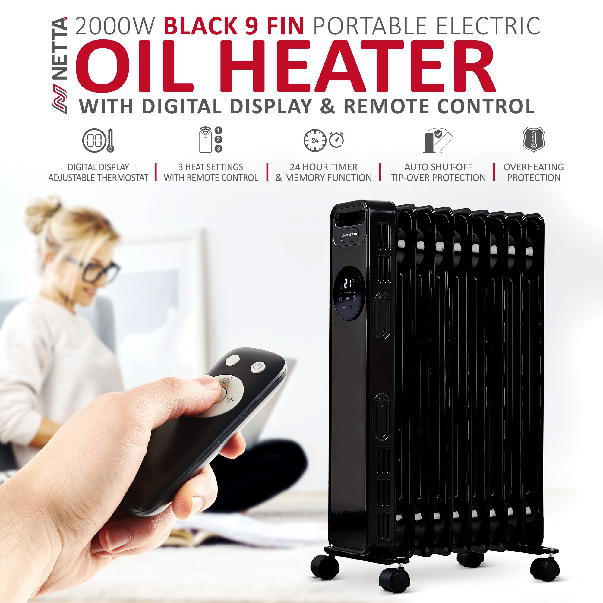 NETTA 2000W 9 Fin Oil Filled Radiator with Timer & Remote Control - Black
