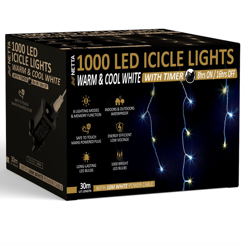 1000LED Icicle String Lights - Warm White & Cool White, with White Cable