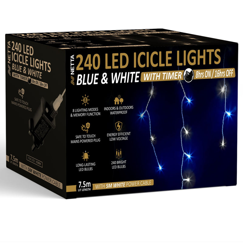 240 LED Icicle Lights 7.5M Outdoor Christmas Lights - Blue & Cool White, with White Cable