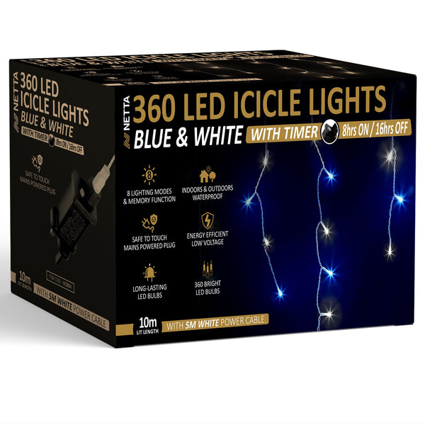 360 LED Icicle Lights 10M Outdoor Christmas Lights - Blue & Cool White, with White Cable