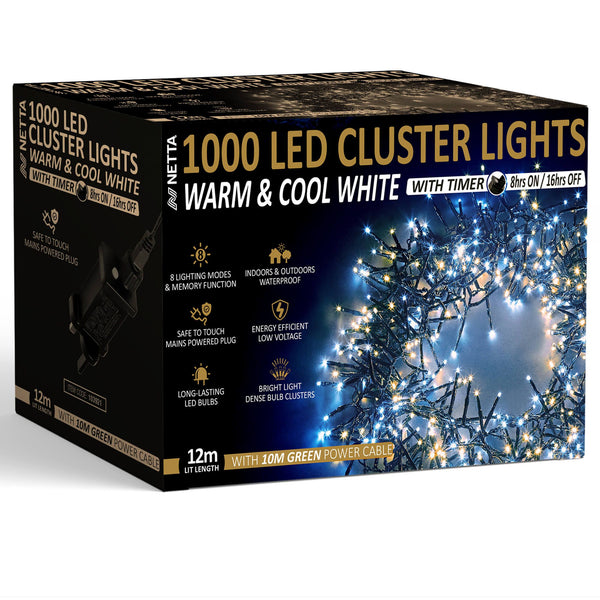 1000 LED 12M Cluster String Lights Outdoor and Indoor Plug In - Warm & Cool White