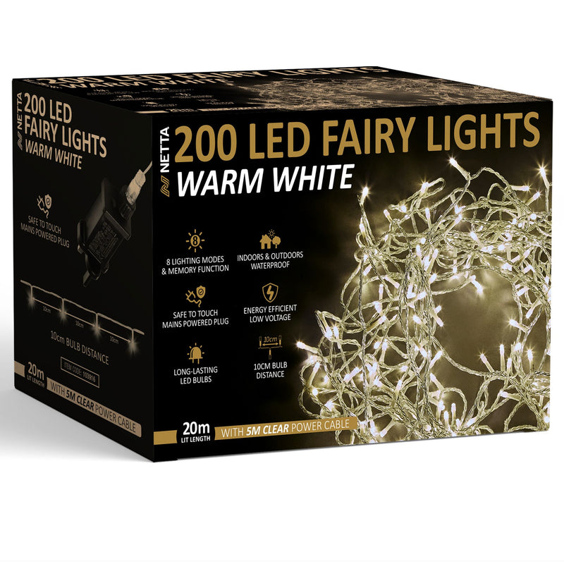 200LED Fairy String Lights - Warm White, Clear Cable