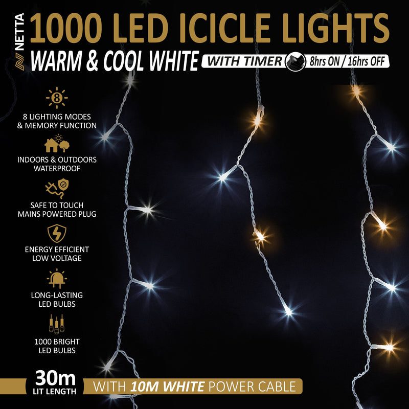 1000LED Icicle String Lights - Warm White & Cool White, with White Cable