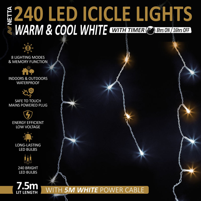 240LED Icicle String Lights - Warm White & Cool White, with White Cable