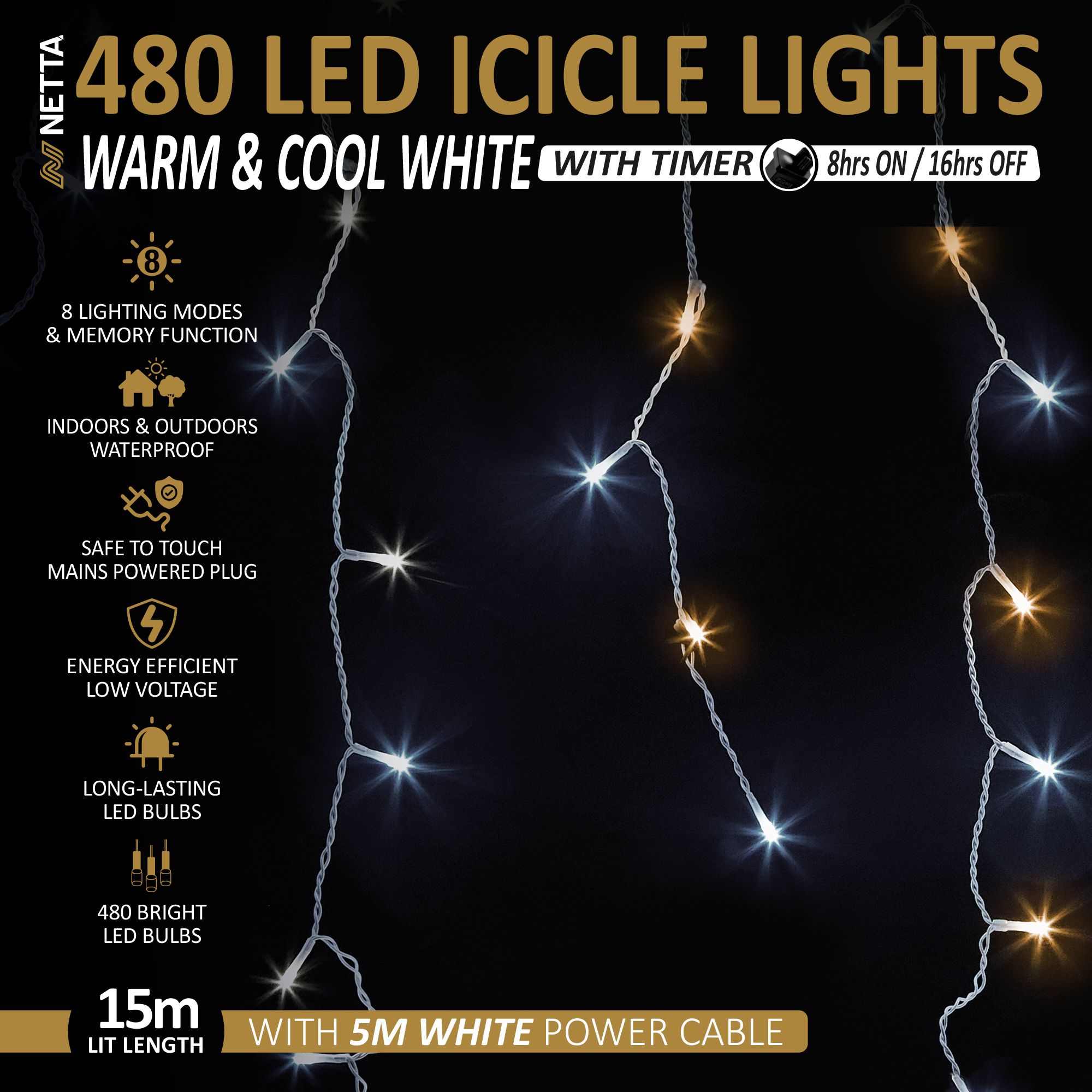 NETTA 480 LED Icicle Lights 15M Outdoor Christmas Lights - Warm White & Cool White, with White Cable