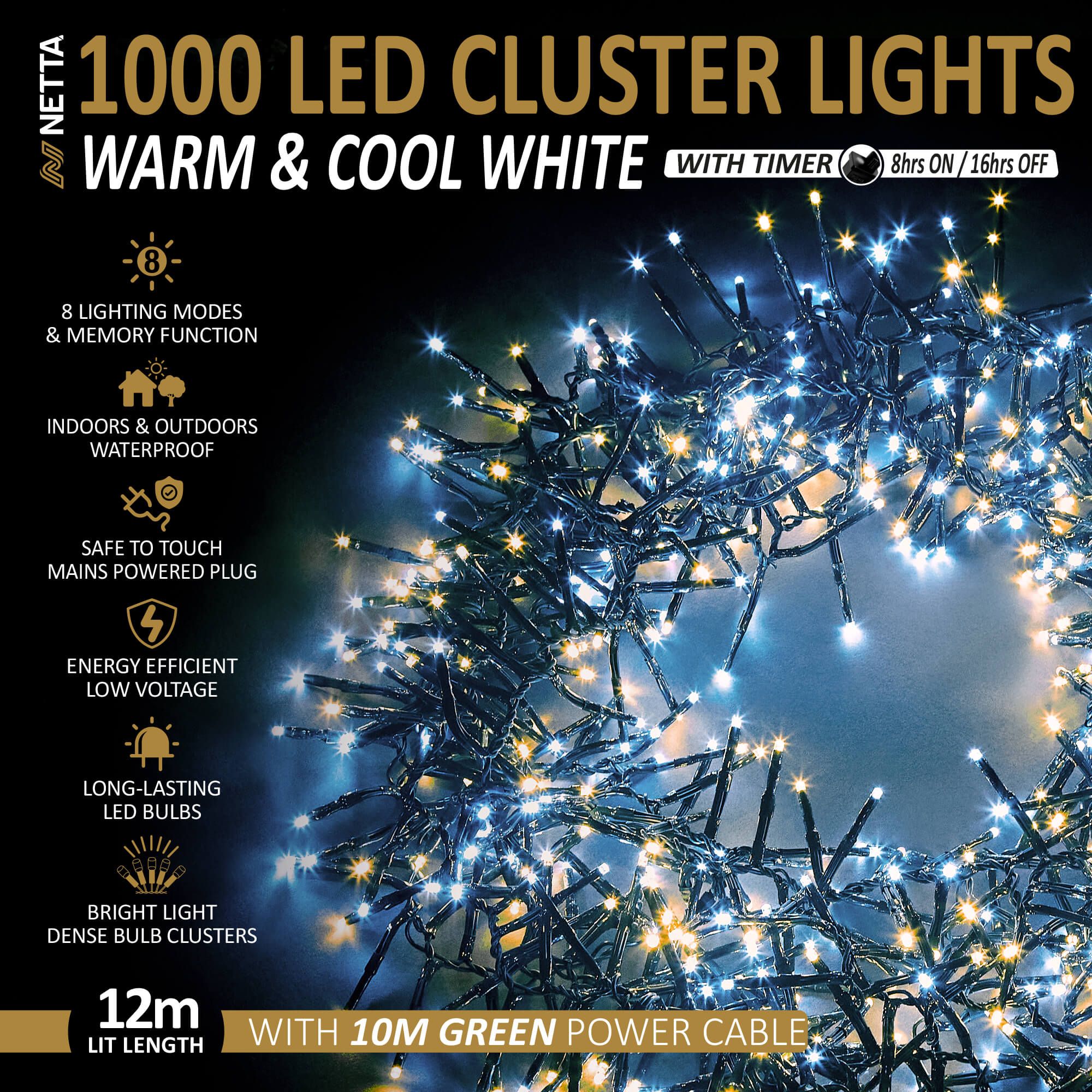 1000 LED 12M Cluster String Lights Outdoor and Indoor Plug In - Warm & Cool White