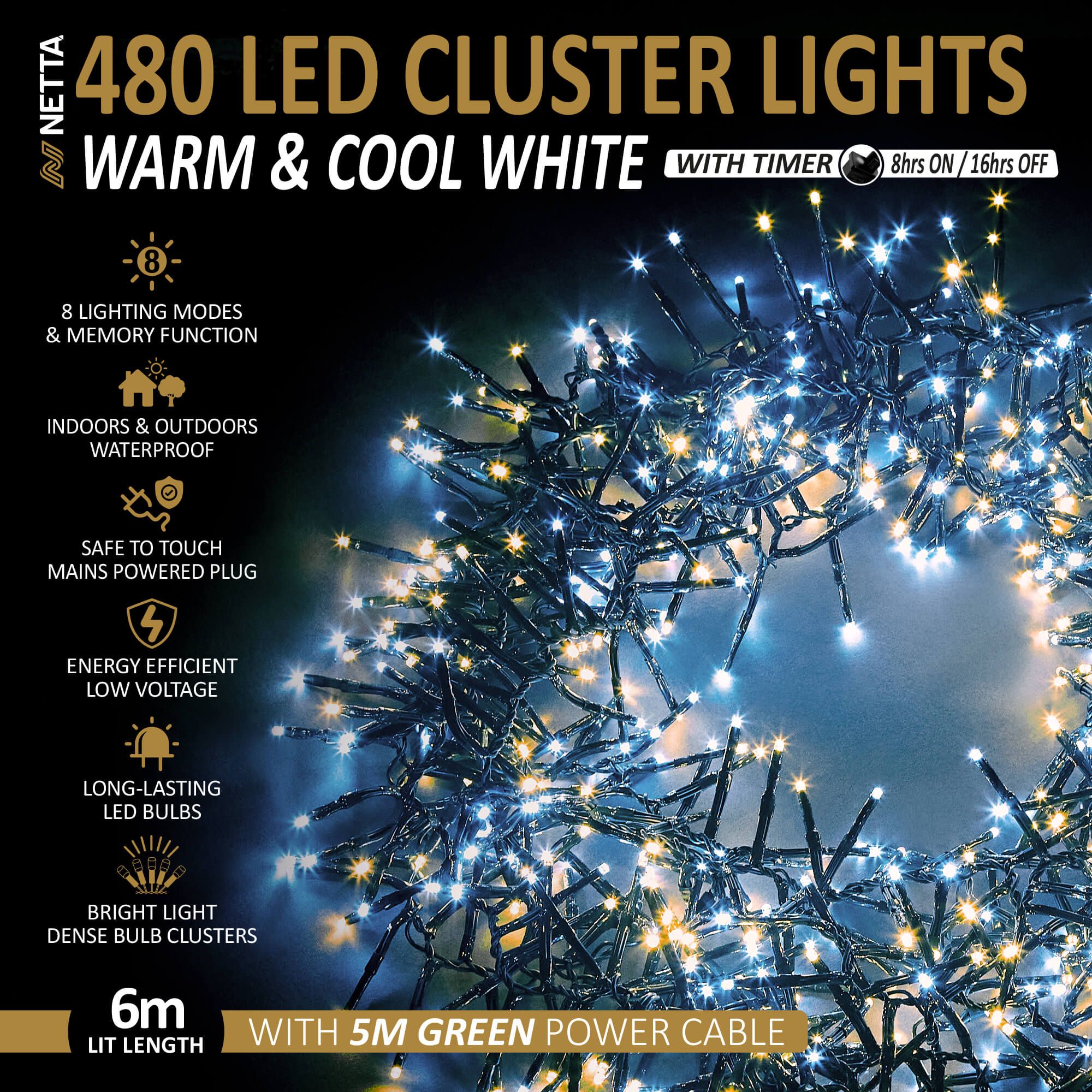 480LED Cluster String Lights - Warm & Cool White