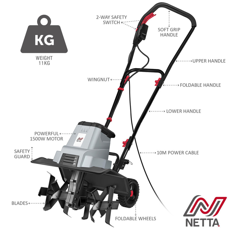 1500W Electric Tiller Garden Soil Cultivator Rotavator with 6 Blades, 40cm Cutting Width and 20cm Tiling Depth, 10m Cable