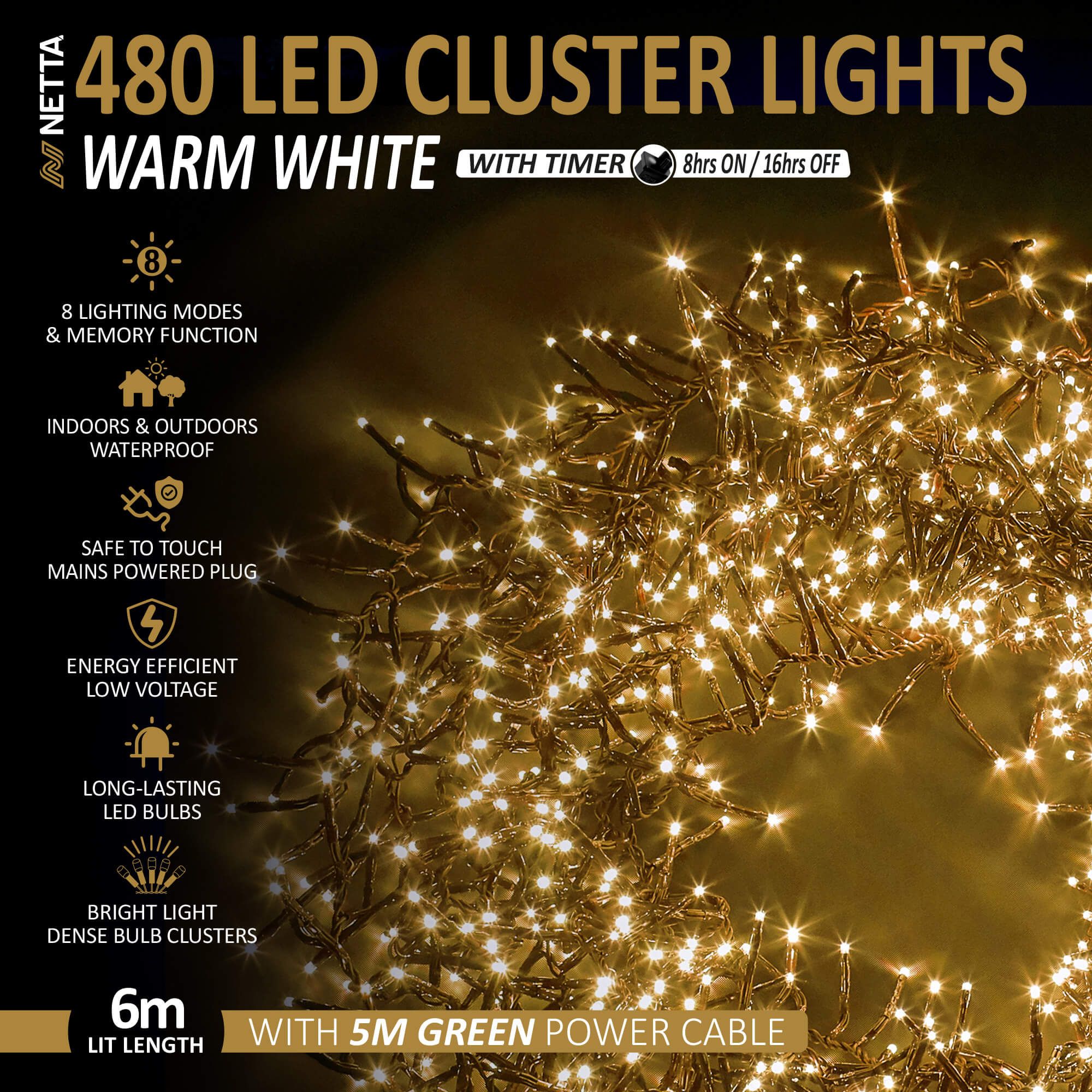 NETTA 480 LED 6M Cluster String Lights Outdoor and Indoor Plug In - Warm White