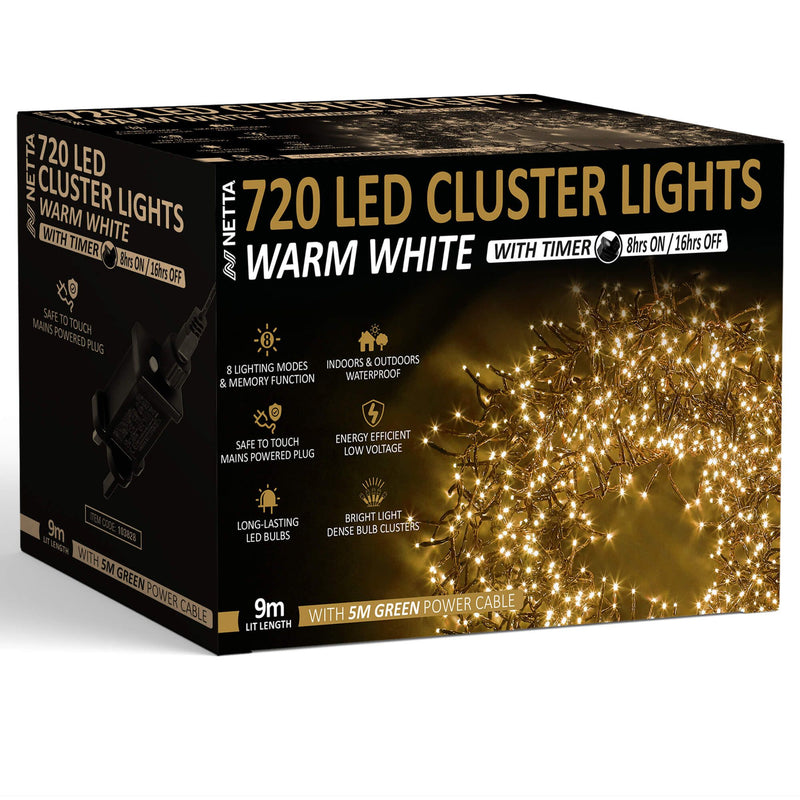 720 LED 9M Cluster String Lights Outdoor and Indoor Plug In - Warm White