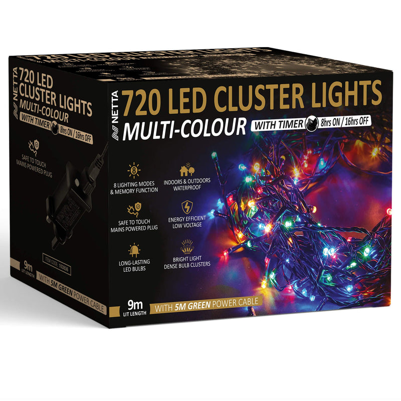 720 LED 9M Cluster String Lights Outdoor and Indoor Plug In - Multi Colour
