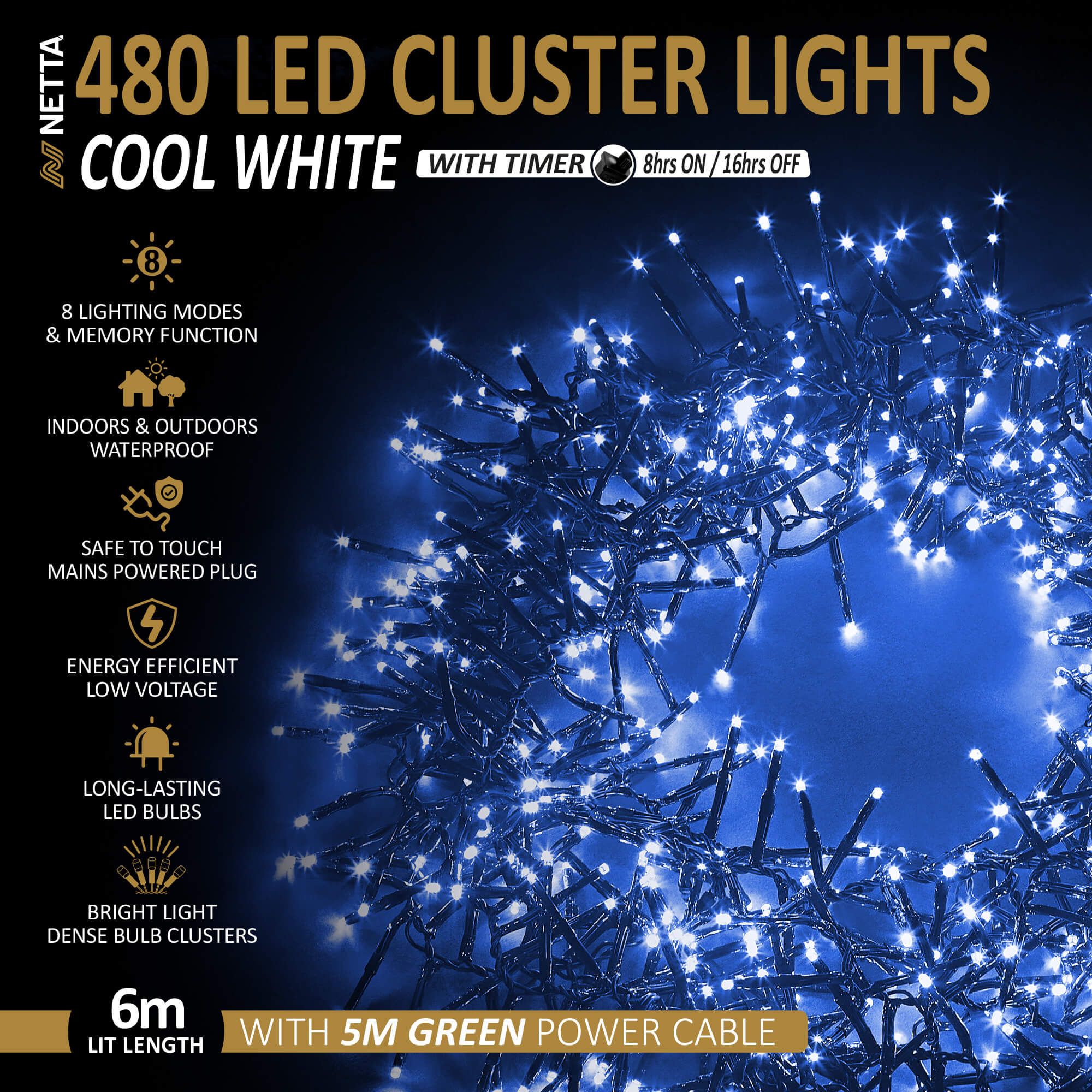 NETTA 480 LED 6M Cluster String Lights Outdoor and Indoor Plug In - Cool White