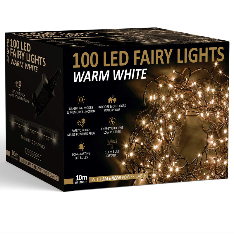 100 LED 10M Fairy String Lights Outdoor and Indoor Plug In - Warm White