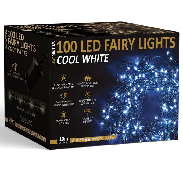 100 LED 10M Fairy String Lights Outdoor and Indoor Plug In - Cool White