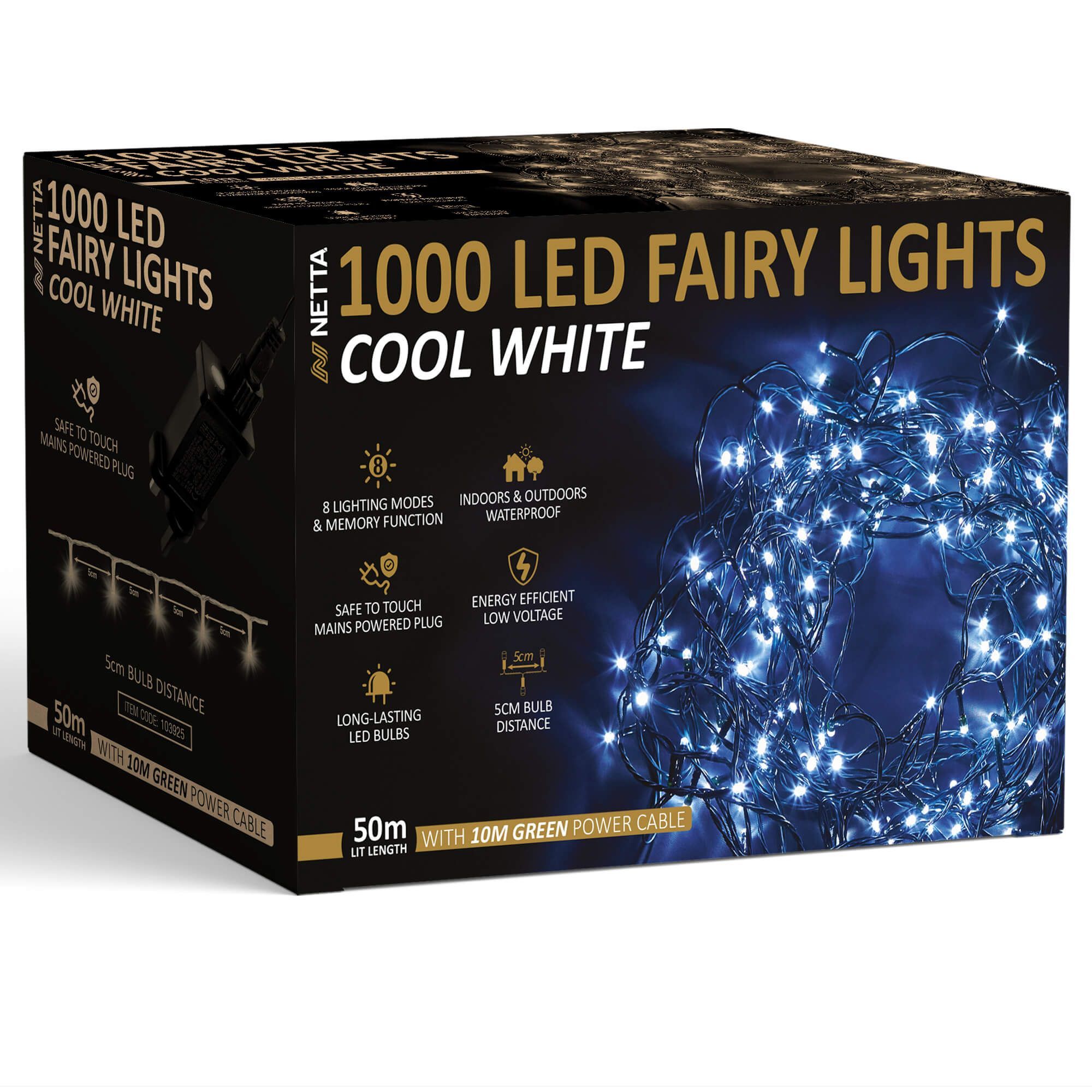 NETTA 1000 LED Fairy Lights 50M Christmas Tree Lights Green Cable - Cool White