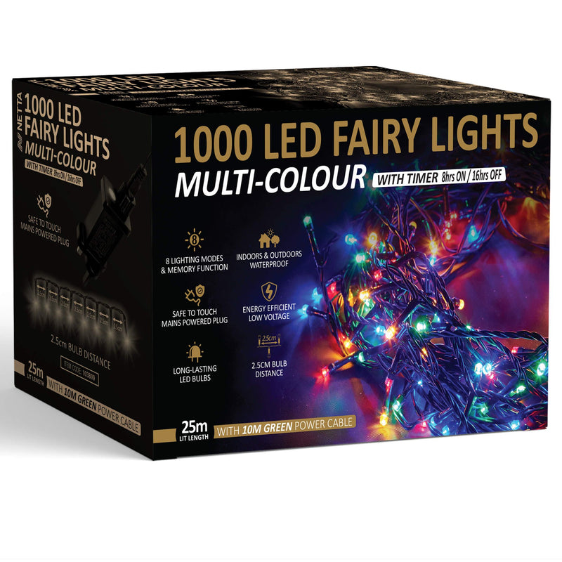 1000 LED Fairy Close-set String Lights 25M Christmas Tree Lights Green Cable - Multi Colour