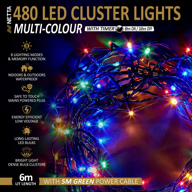 480 LED 6M Cluster String Lights Outdoor and Indoor Plug In - Multi Colour