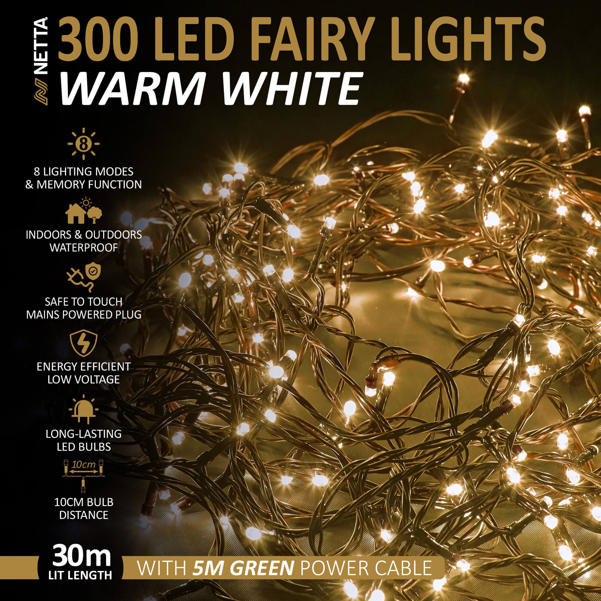 NETTA 300 LED 30M Fairy String Lights Outdoor and Indoor Plug In - Warm White