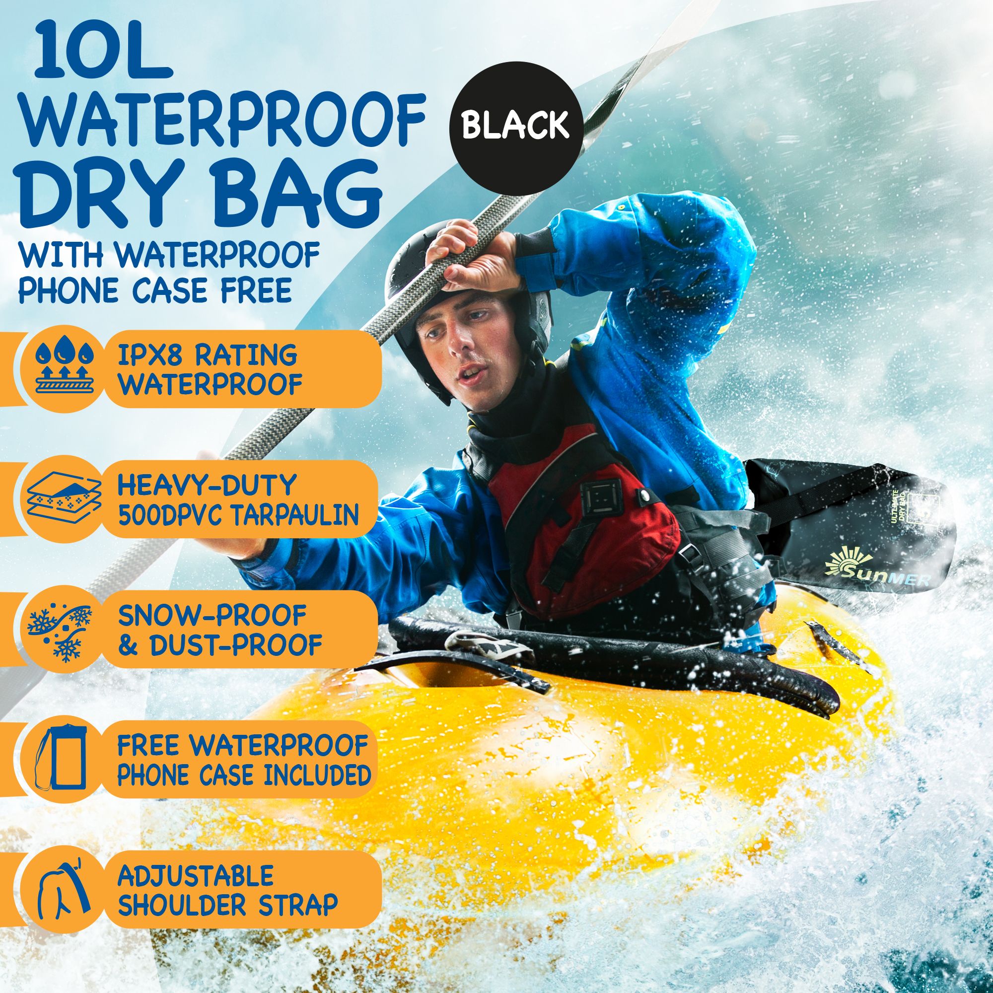 SUNMER 10L Dry Bag With Waterproof Phone Case - Black