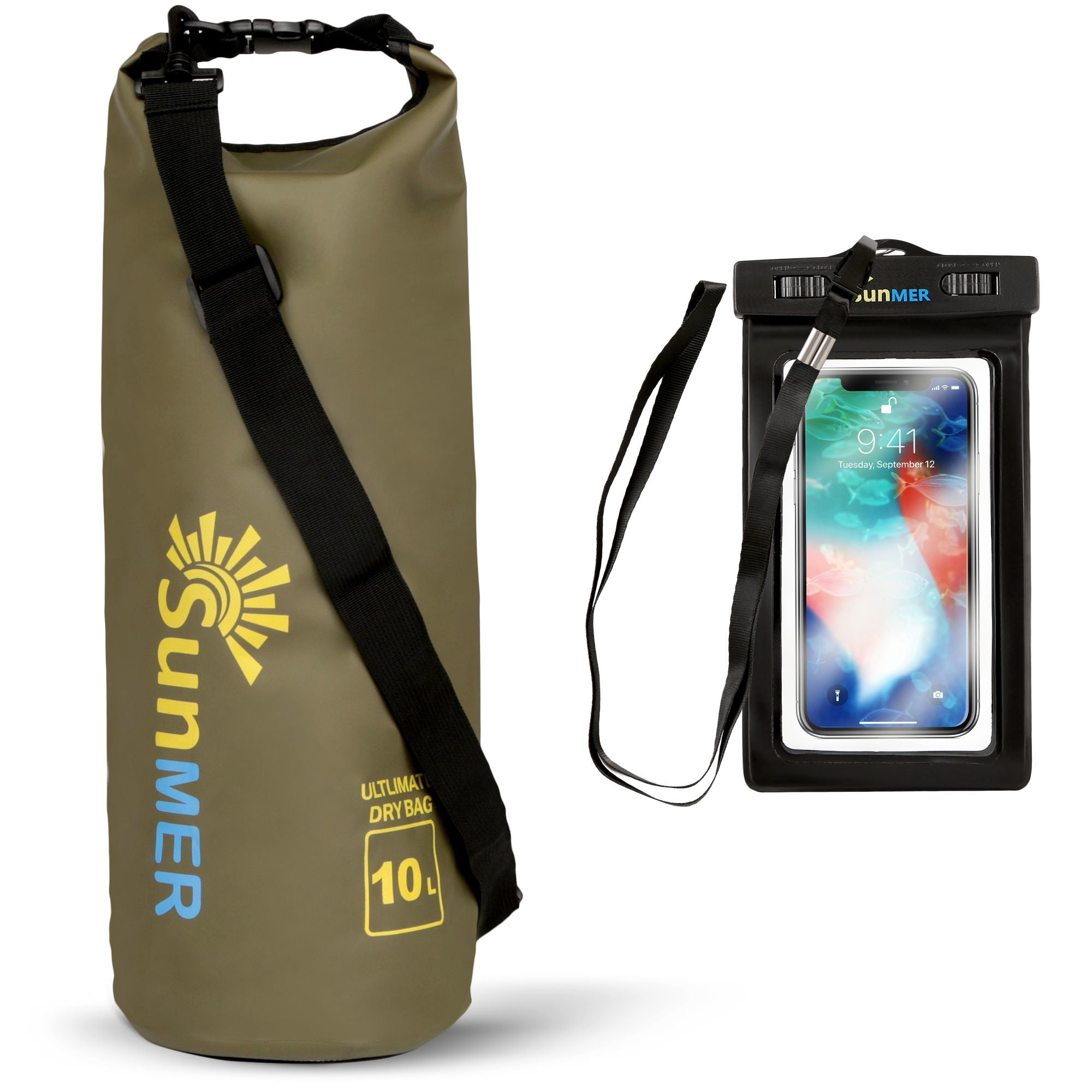 10L Dry Bag With Waterproof Phone Case - Army Green