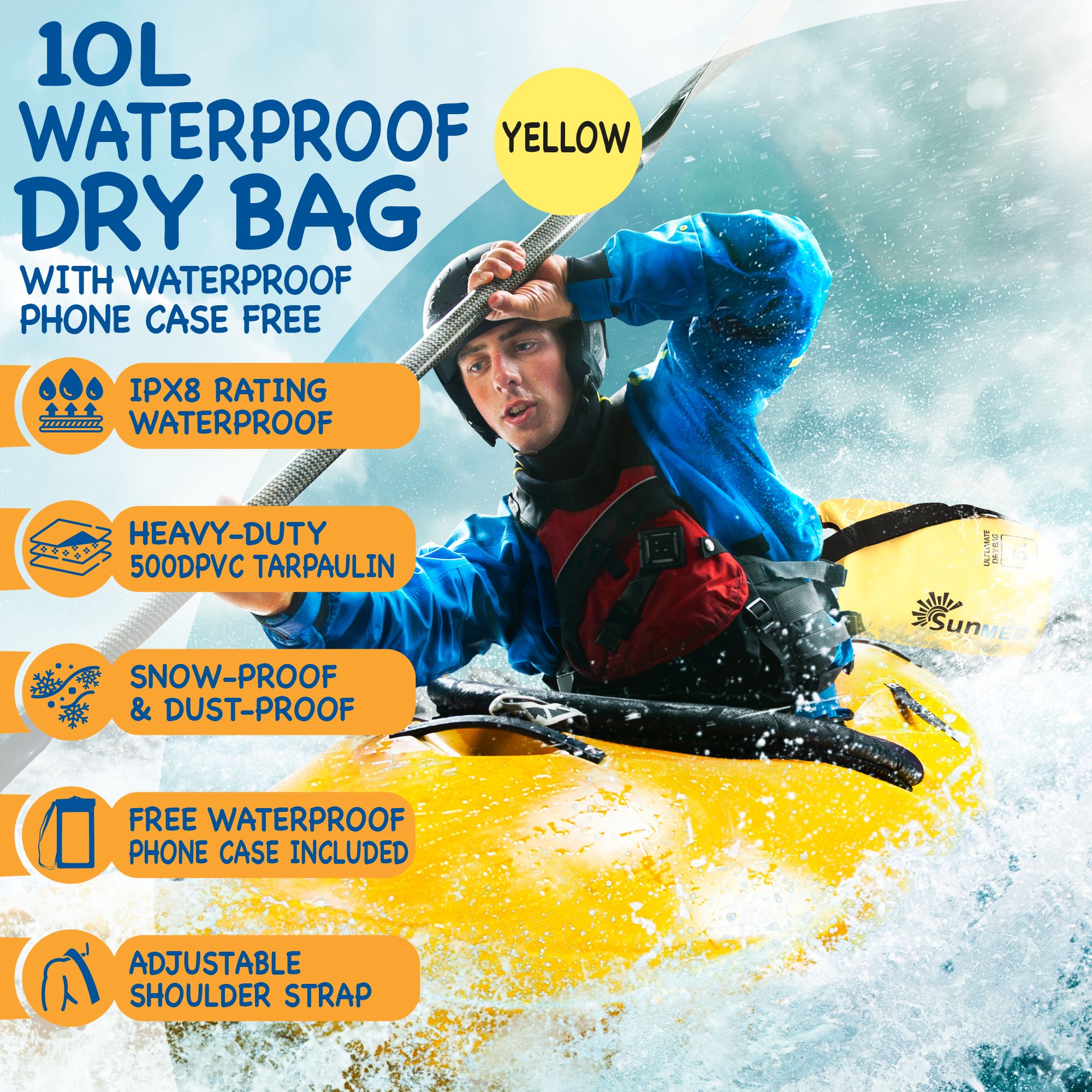 SUNMER 10L Dry Bag With Waterproof Phone Case - Yellow