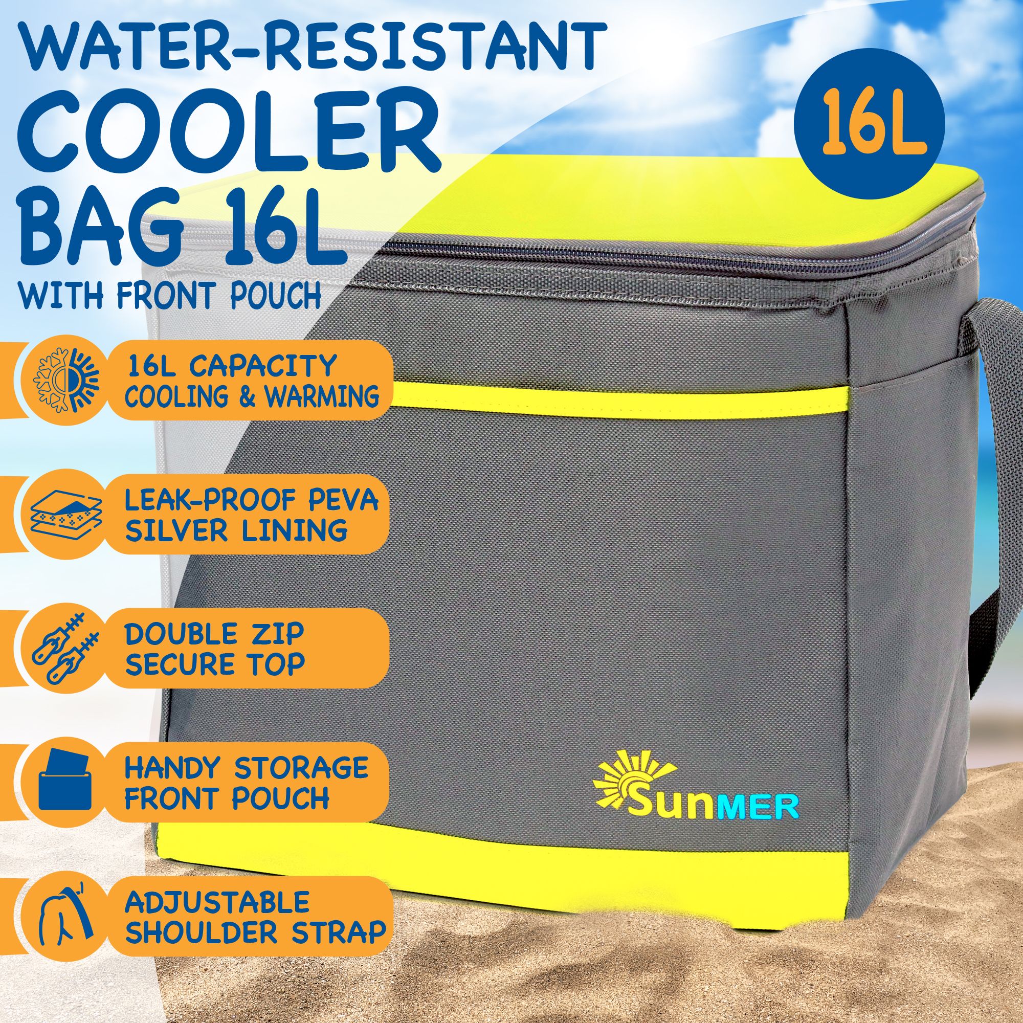 SUNMER 16L Cooler Bag With Shoulder Strap - Grey & Lime