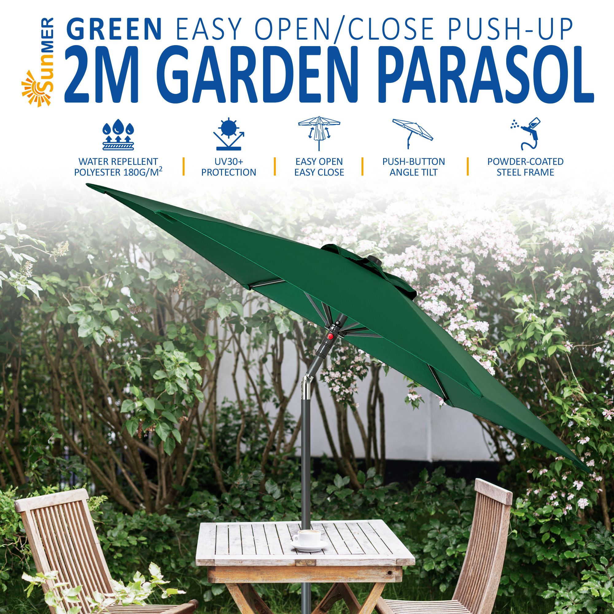 SUNMER 2M Push-up Garden Parasol - Green