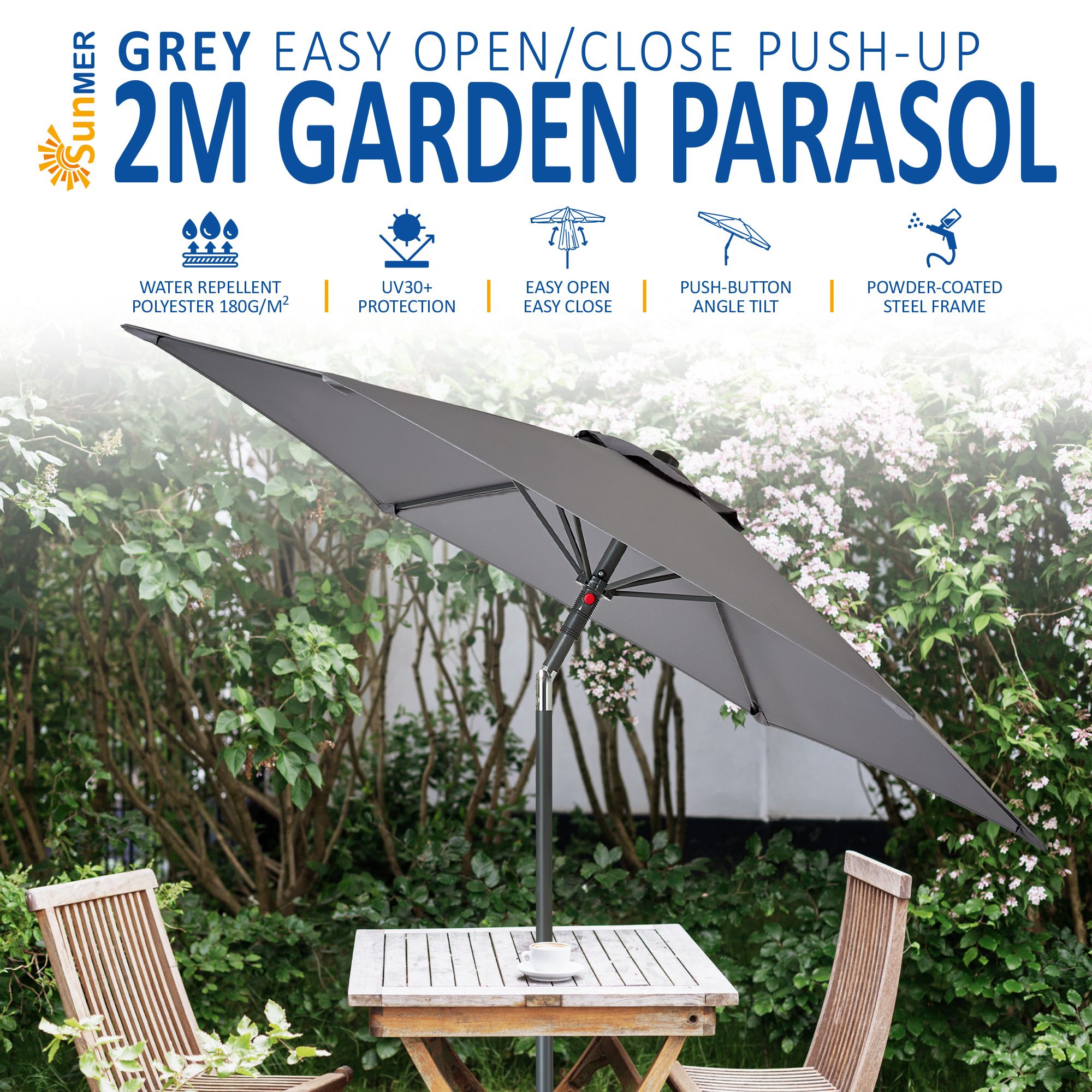 SUNMER 2M Push-up Garden Parasol - Grey