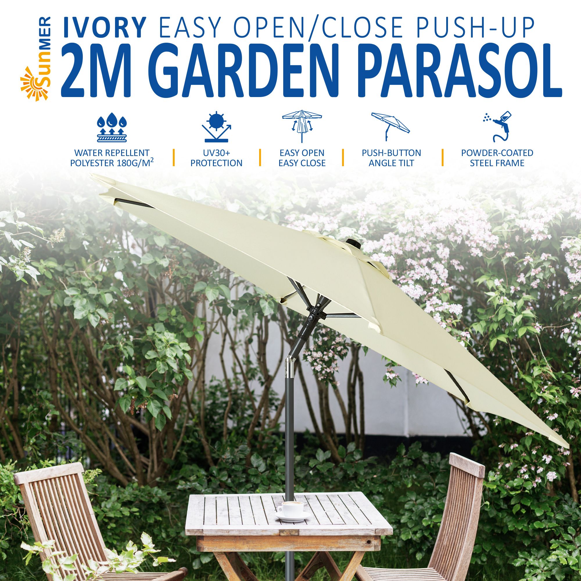 SUNMER 2M Push-up Garden Parasol - Ivory