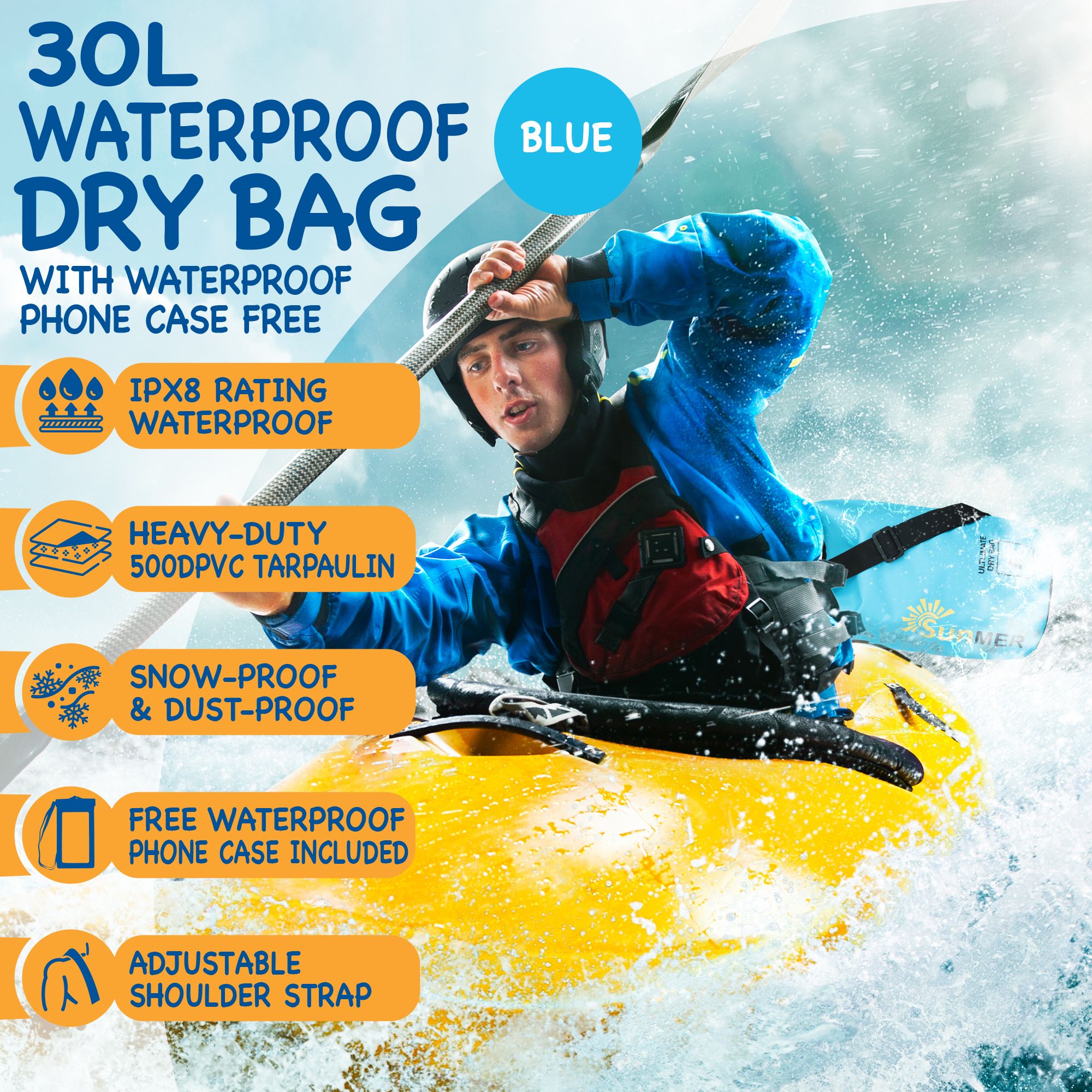 SUNMER 30L Dry Bag With Waterproof Phone Case - Blue