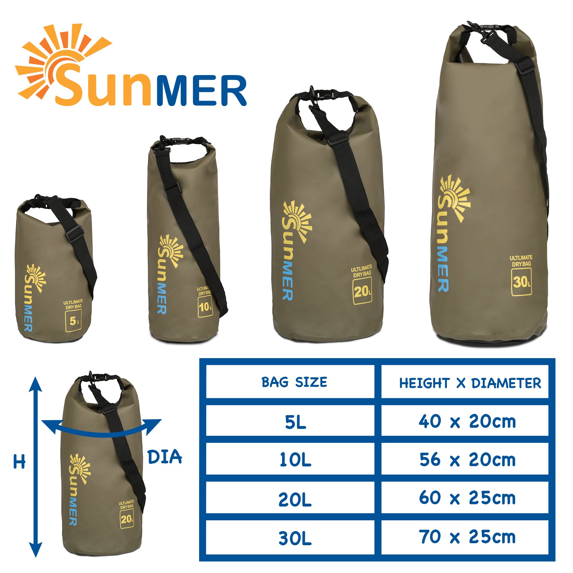 SUNMER 30L Dry Bag With Waterproof Phone Case - Army Green