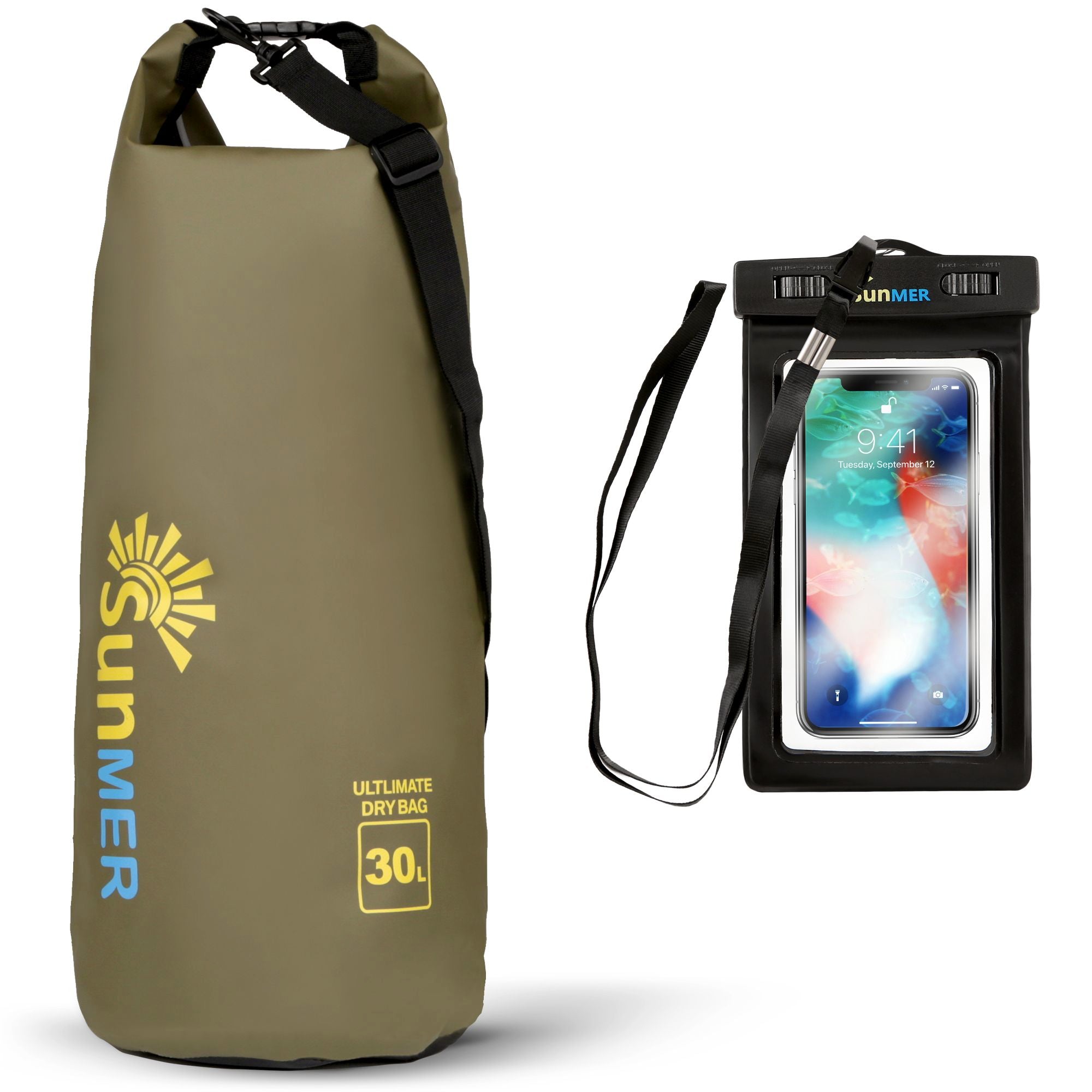 30L Dry Bag With Waterproof Phone Case - Army Green