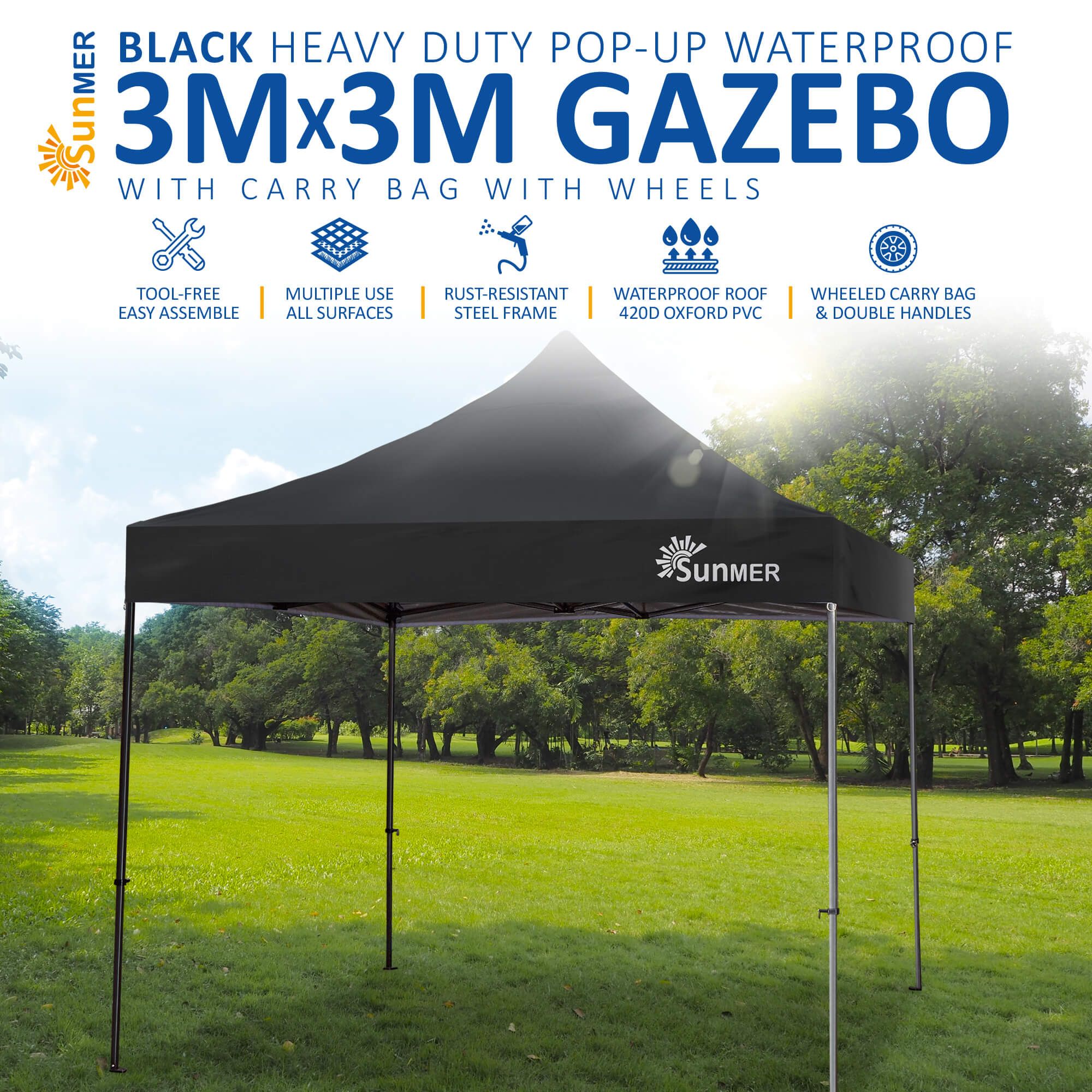 SUNMER 3Mx3M Steel Framed Gazebo - Black