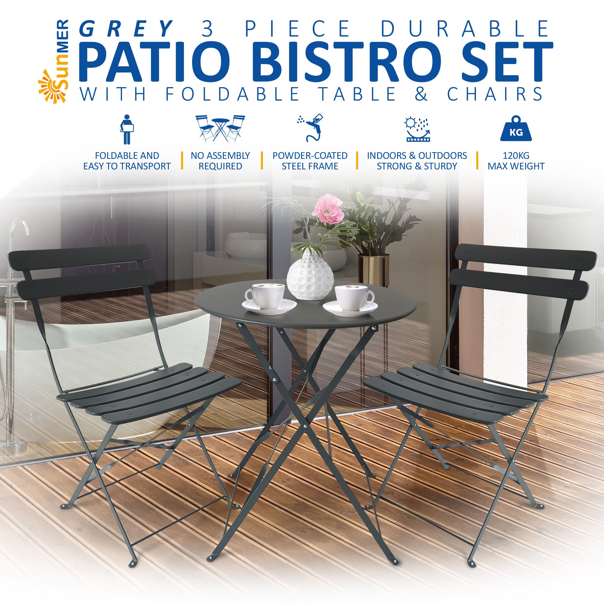 SUNMER Bistro Table & Chairs Set - Grey