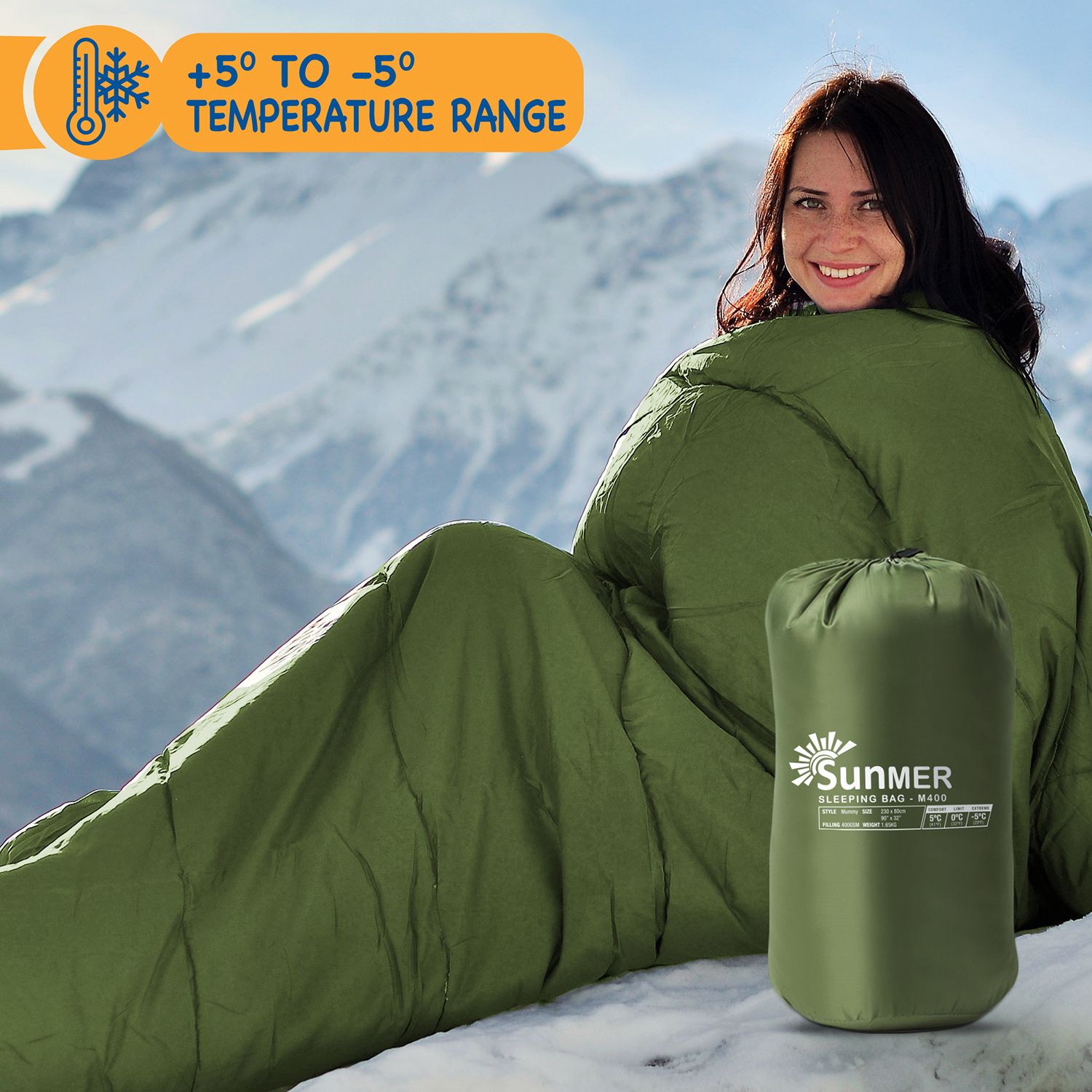 SUNMER 4 Season Mummy Sleeping Bag 400 gsm Extra Warm - Green