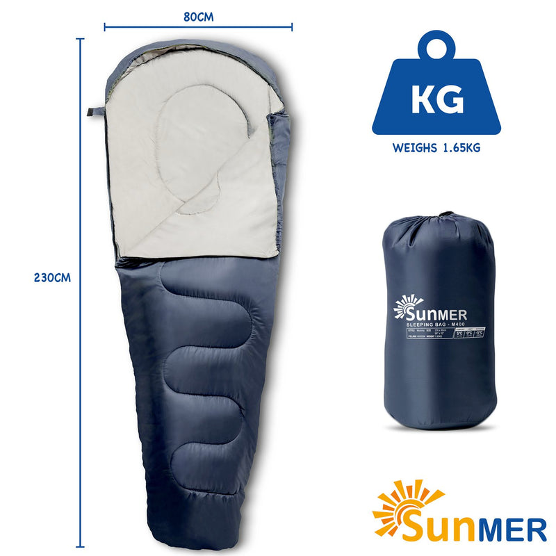 SUNMER 4 Season Mummy Sleeping Bag 400 gsm Extra Warm - Navy