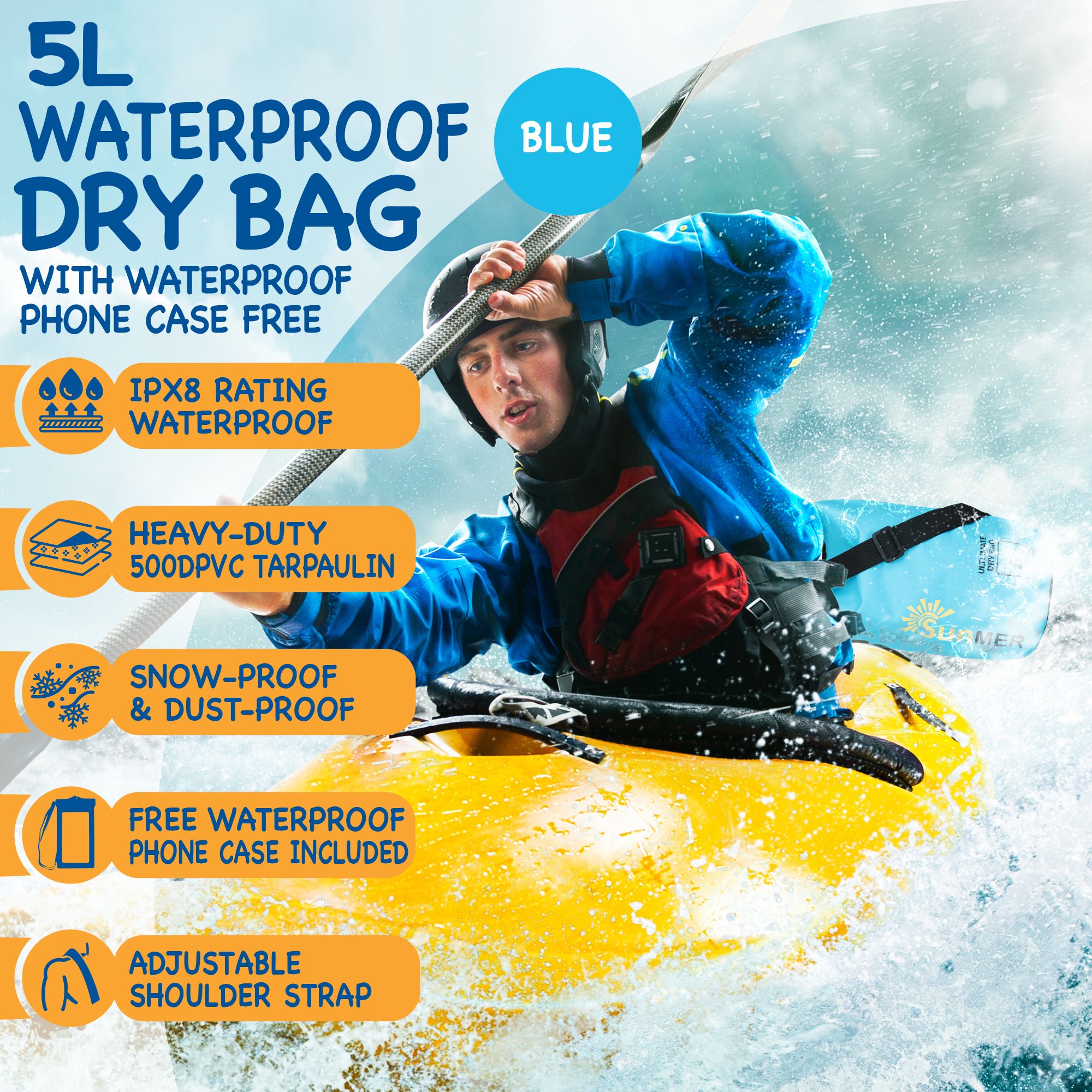 SUNMER 5L Dry Bag With Waterproof Phone Case - Blue