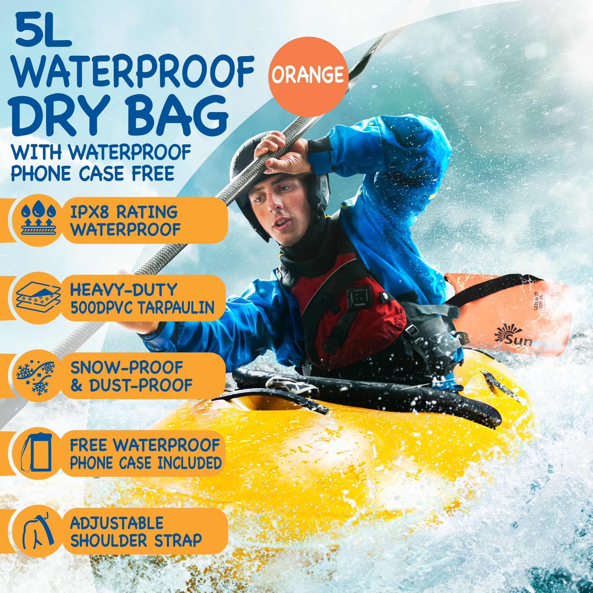 SUNMER 5L Dry Bag With Waterproof Phone Case - Orange