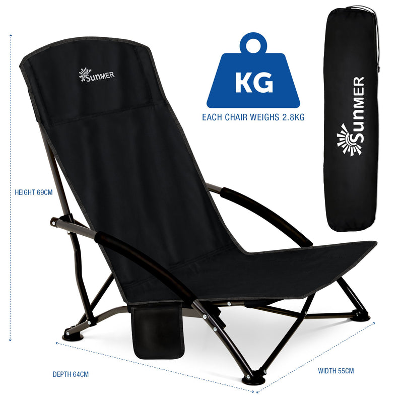 Lightweight Foldable Beach Chair Set of 2 - with Carry Bag - Black