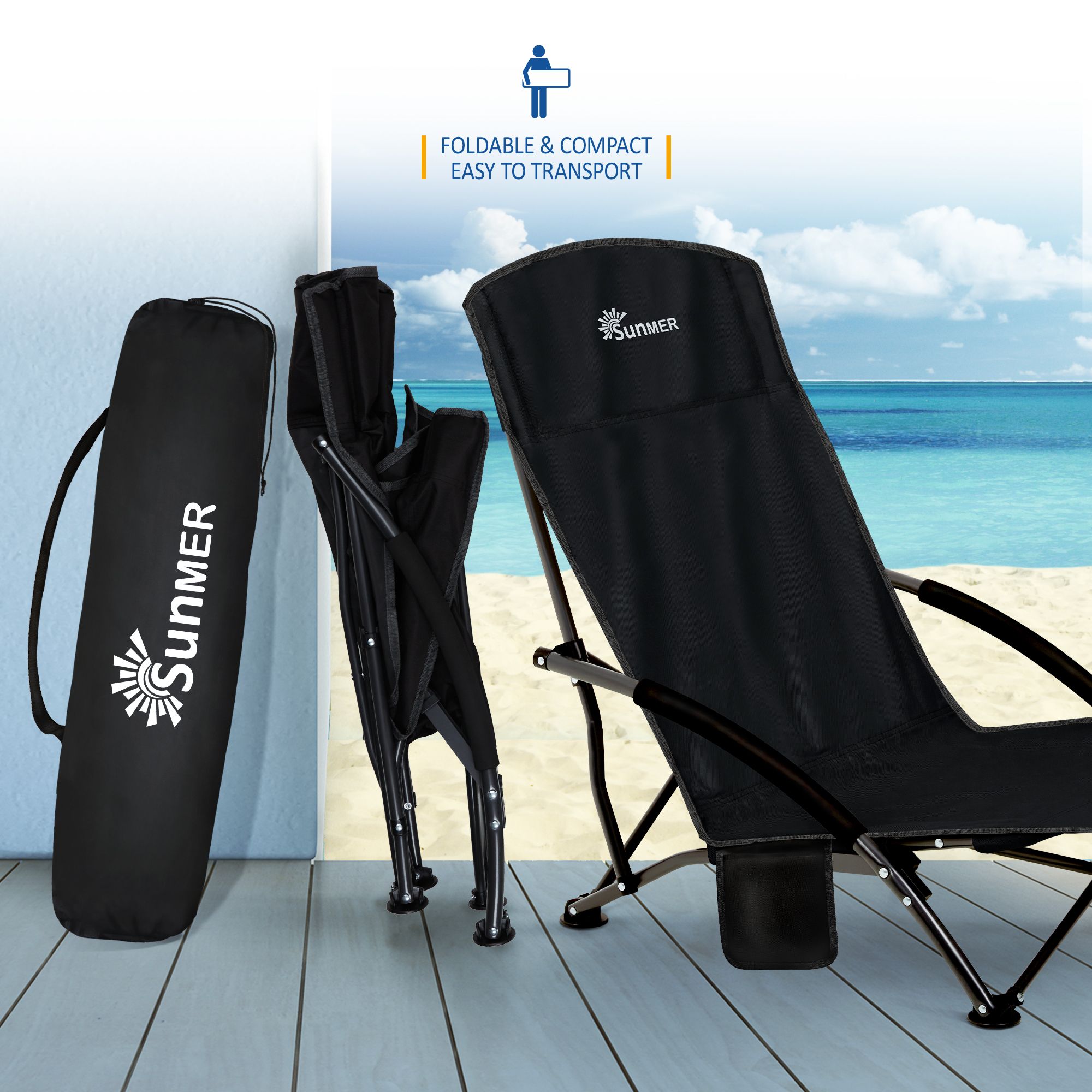 Lightweight Foldable Beach Chair Set of 2 - with Carry Bag - Black