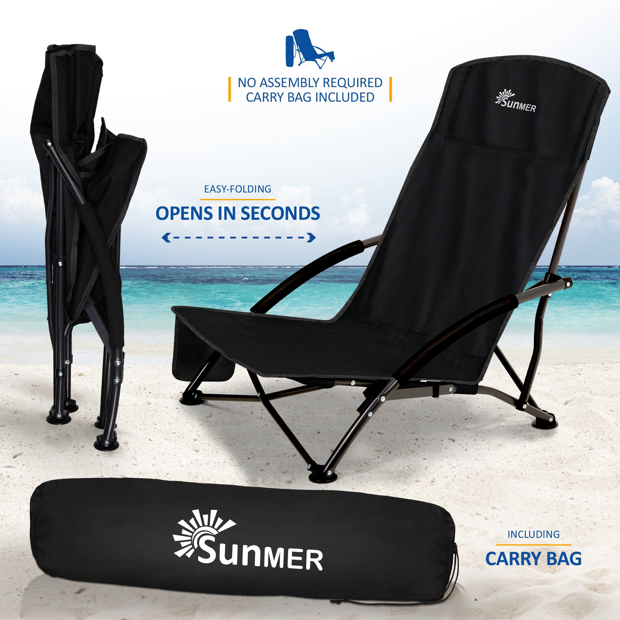 SUNMER Set of 2 Folding Beach Chair with Side Pocket & Carry Bag - Black