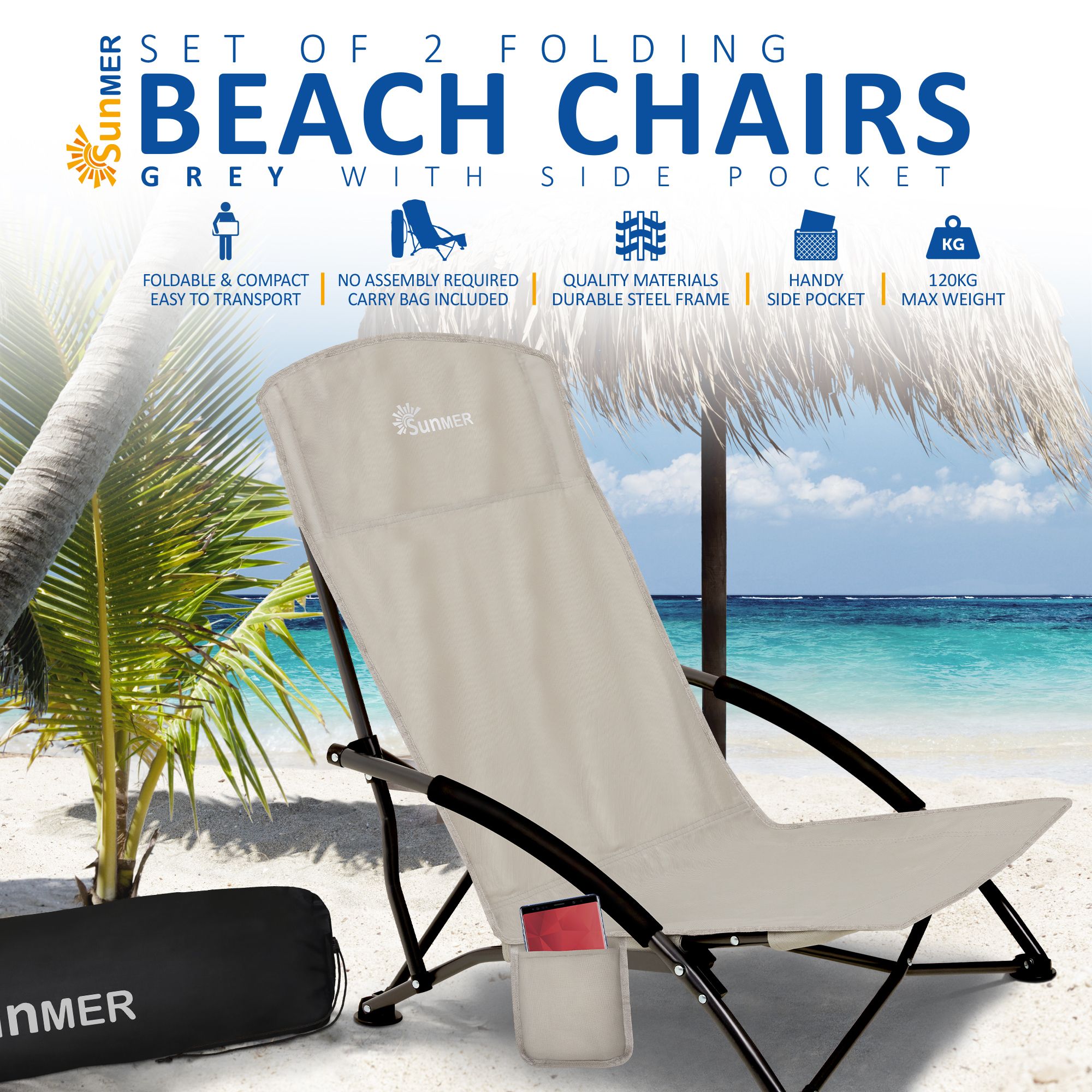 SUNMER Set of 2 Folding Beach Chair with Side Pocket & Carry Bag - Grey