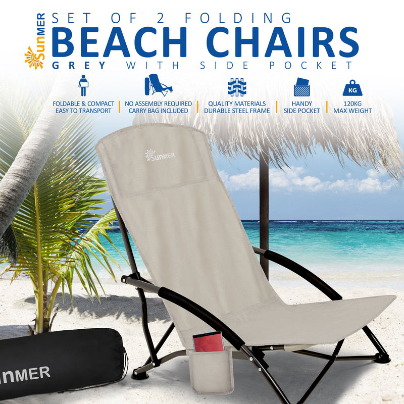 Lightweight Foldable Beach Chair Set of 2 - with Carry Bag - Grey