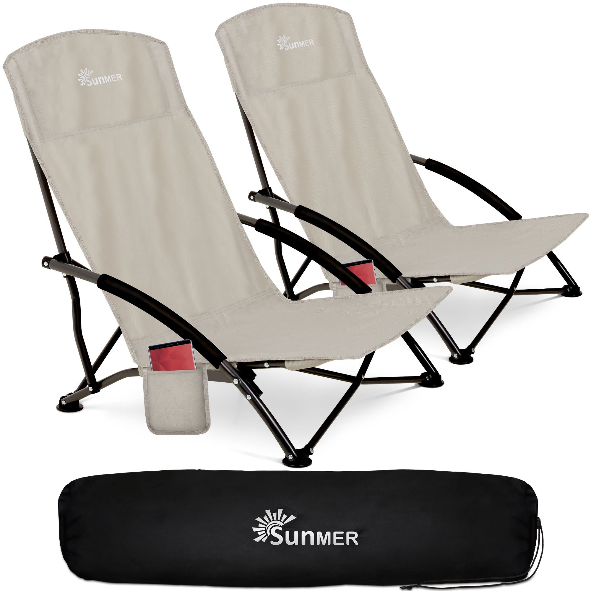 SUNMER Set of 2 Folding Beach Chair with Side Pocket & Carry Bag - Grey
