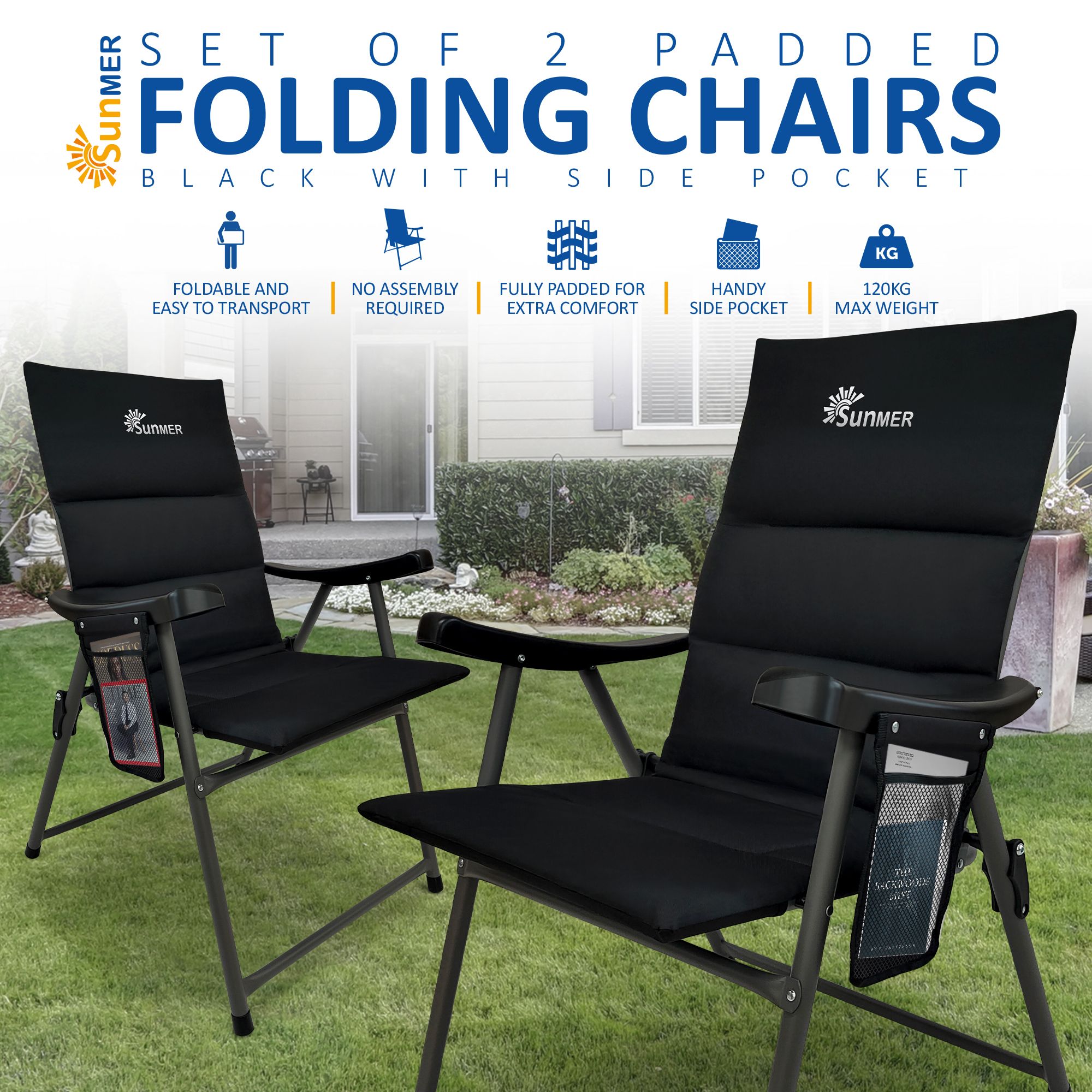 SUNMER Set of 2 Padded Folding Garden Chairs with Side Pocket - Black