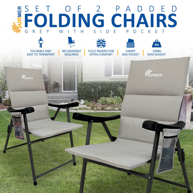 Set of 2 Padded Folding Garden Chairs with Side pocket - Grey