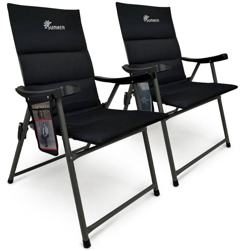Set of 2 Padded Folding Garden Chairs with Side pocket - Black